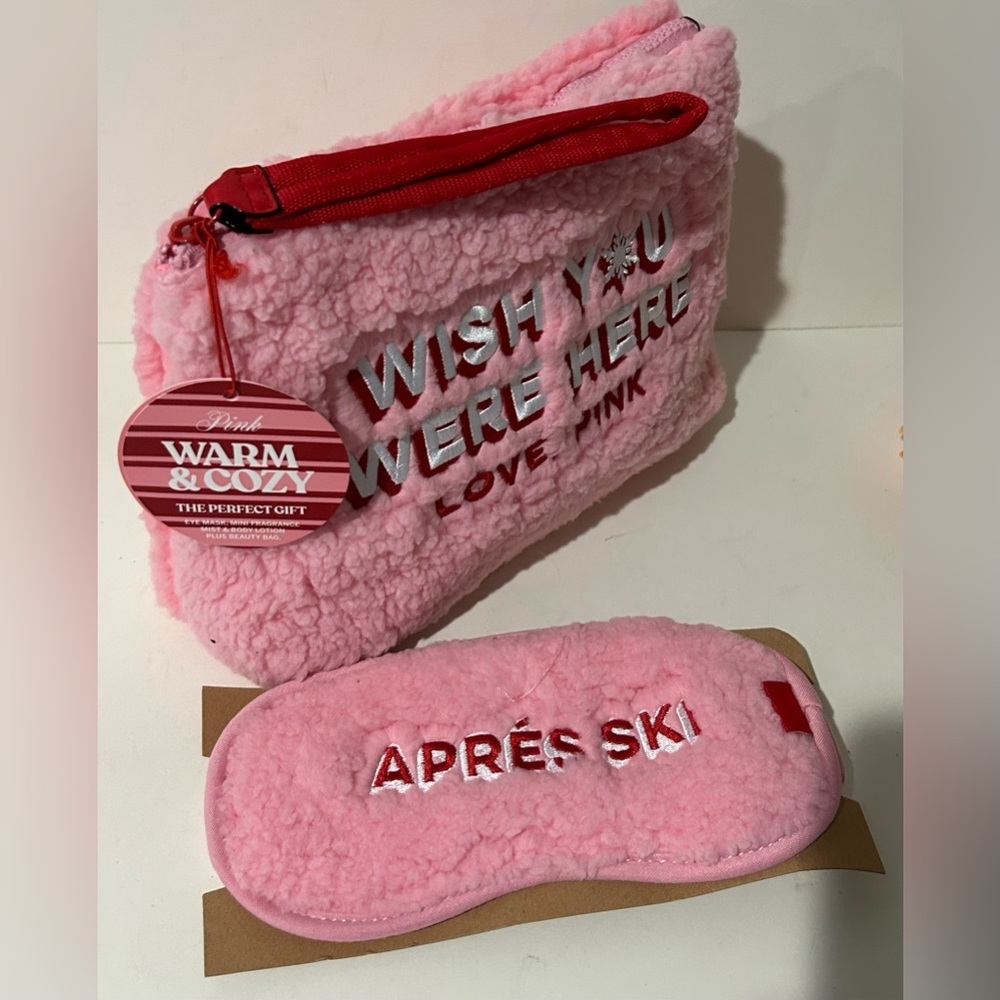 PINK Victoria’s Secret Sherpa Cosmetic Bag + Eye Mask Set NWT - Picture 3 of 8